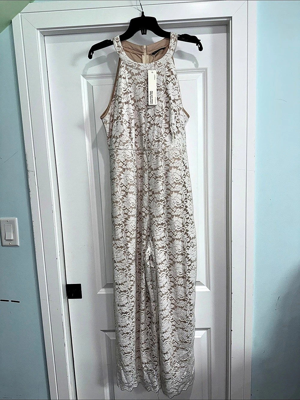 BloomChic Size 12 White Floral Lace Nude Lined Maxi Dress NWT